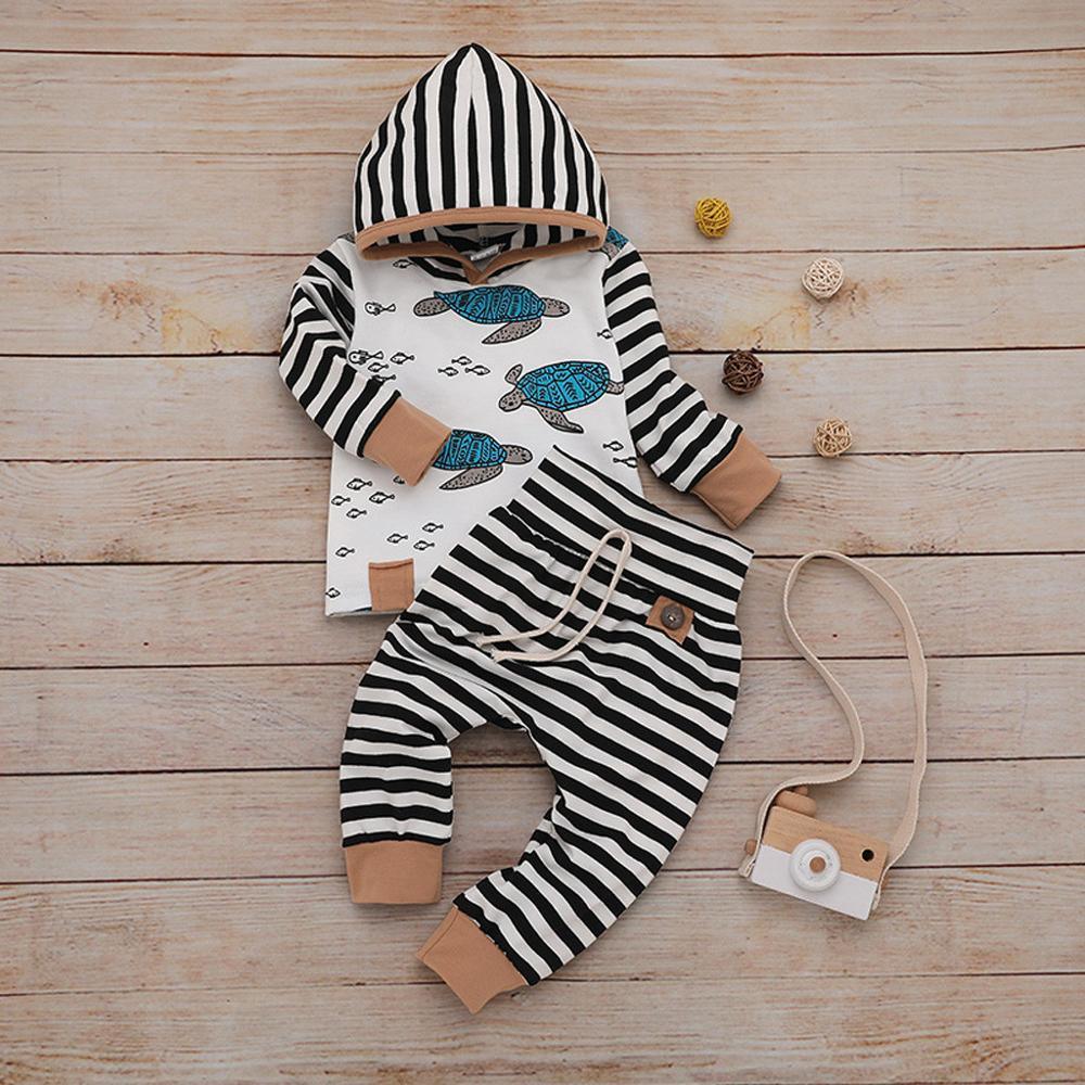 Stevvex newborn baby clothes set striped hooded top and striped pants tan cuffs turtle tee on Tampa Home & Garden Store