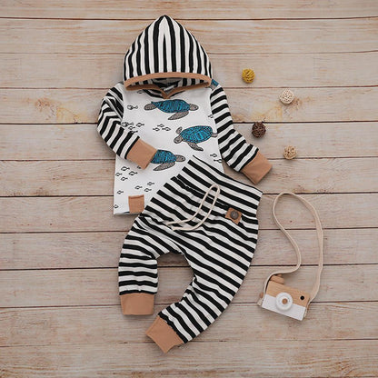 Stevvex newborn baby clothes set striped hooded top and striped pants tan cuffs turtle tee on Tampa Home & Garden Store