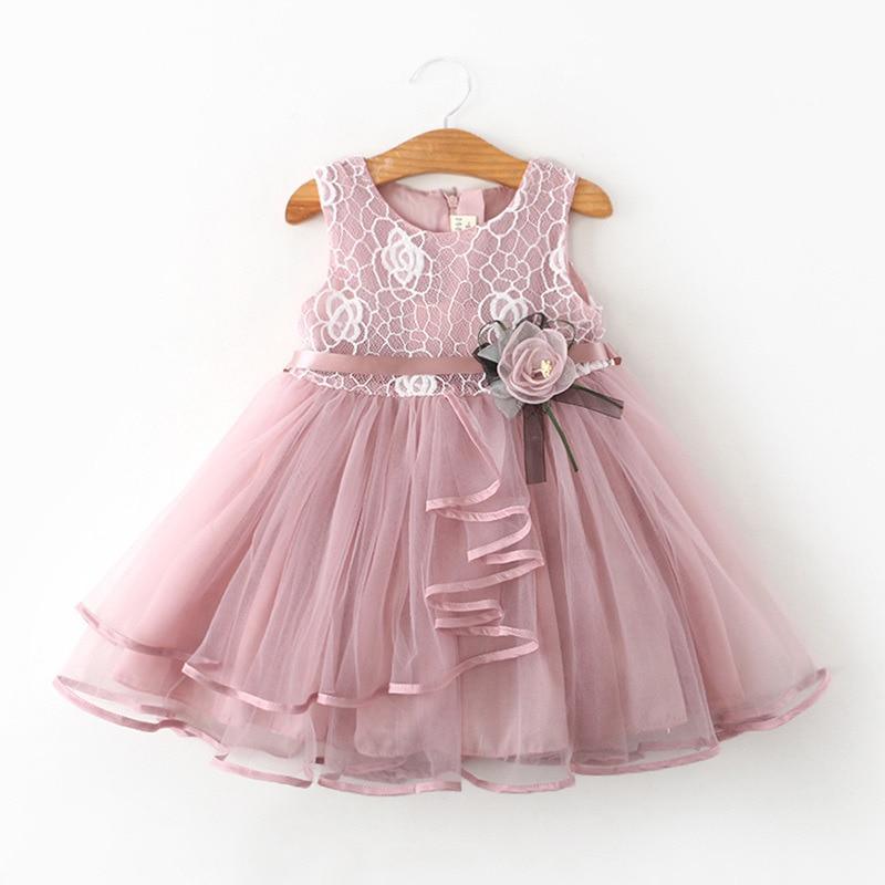 Stevvex pink lace baby dress with tulle skirt and gray flower waist sash on Tampa Home & Garden Store