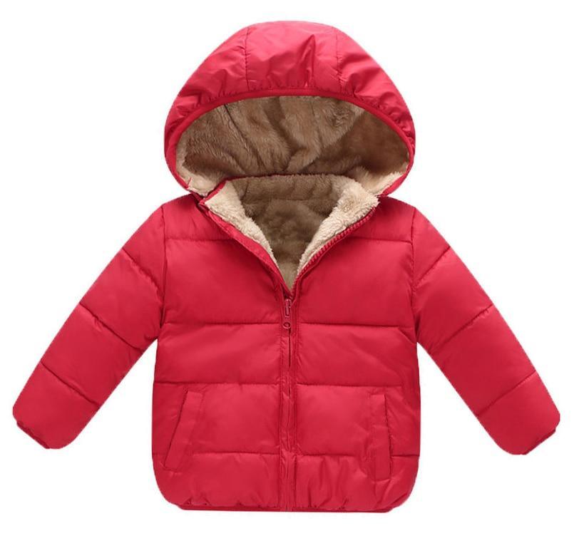 Red newborn winter puffer jacket with hood, beige faux fur lining, front zipper pockets on Tampa Home & Garden Store