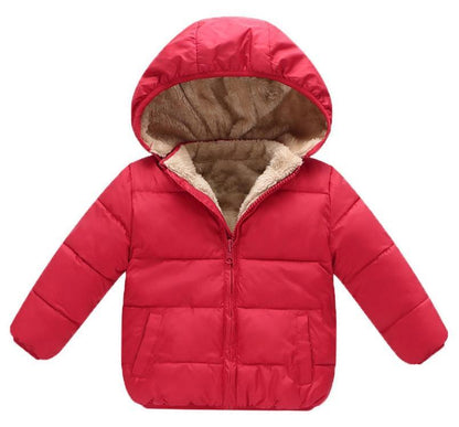 Red newborn winter puffer jacket with hood, beige faux fur lining, front zipper pockets on Tampa Home & Garden Store