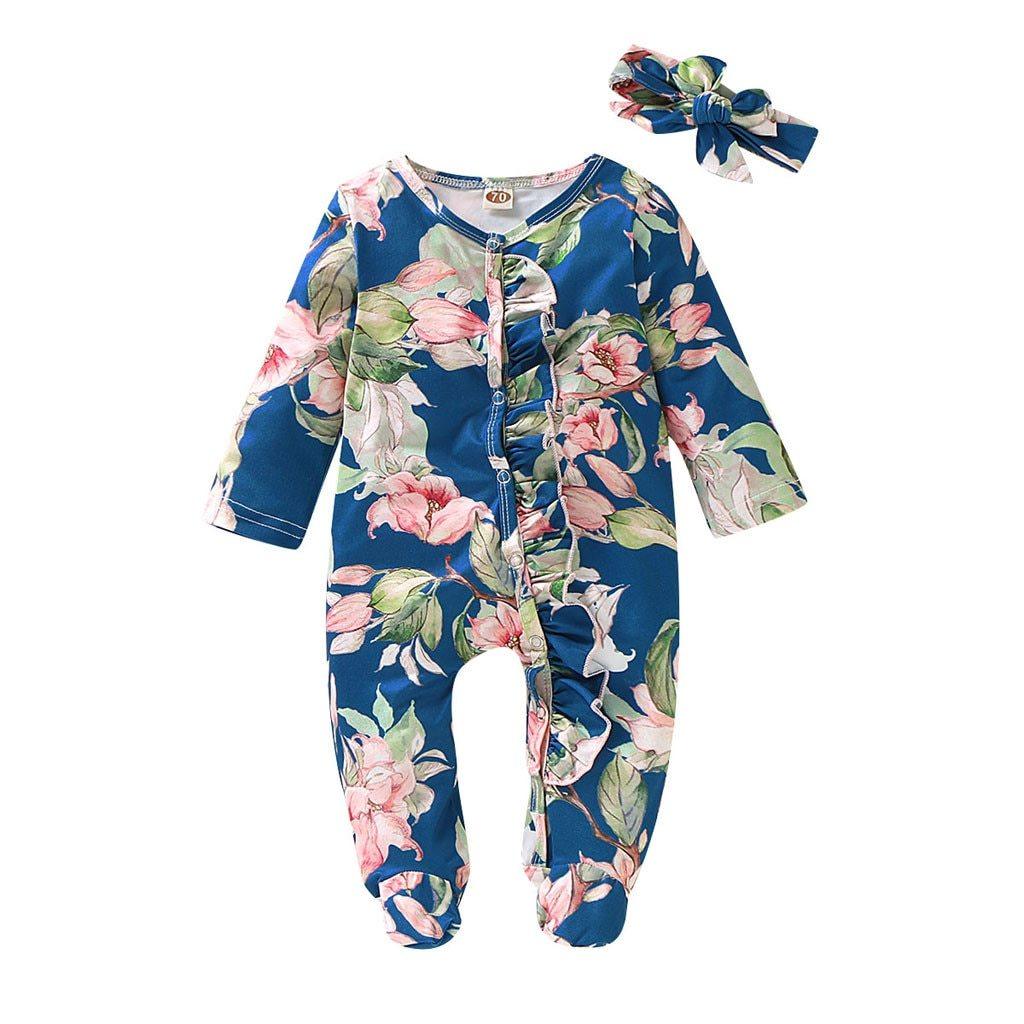 Stevvex floral blue baby romper set with feet, long sleeves, pink blooms; includes headband on Tampa Home & Garden Store