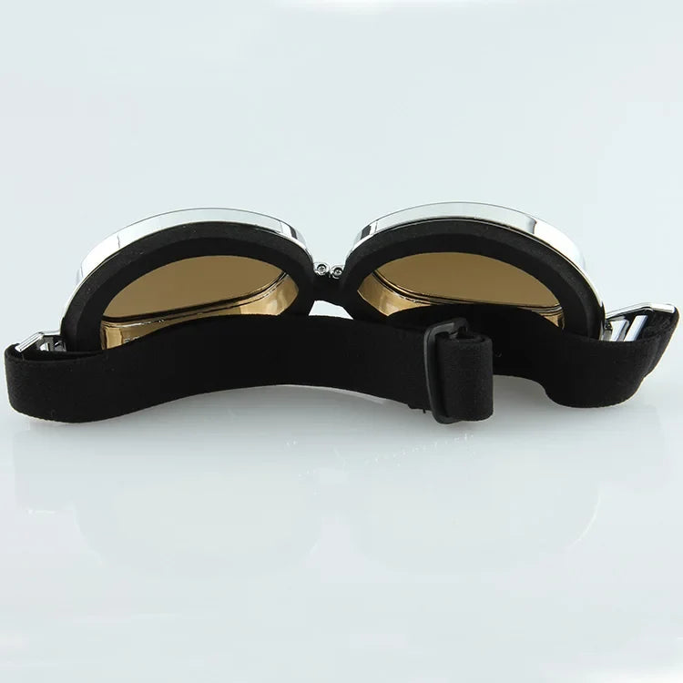 Motorcycle goggles BikerZoneZ chrome frame amber lenses black strap windproof UV protection on Tampa Home & Garden Store