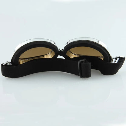 Motorcycle goggles BikerZoneZ chrome frame amber lenses black strap windproof UV protection on Tampa Home & Garden Store