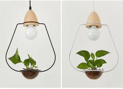 Art Deco LED Plant Pendant Light Wood Base Rustic Hanging Lamp for Dining Cafe Bar