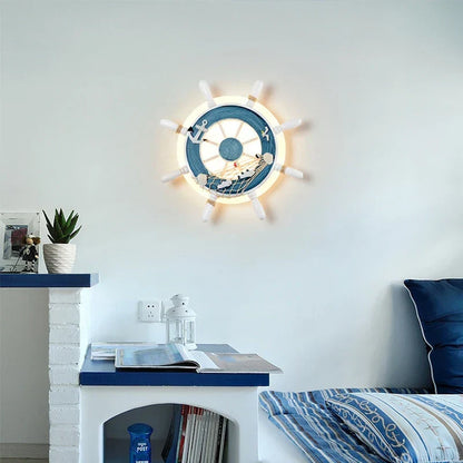 DecorBites Kids LED Ship Rudder Wall Light nautical blue and white wheel with LED halo on Tampa Home & Garden Store