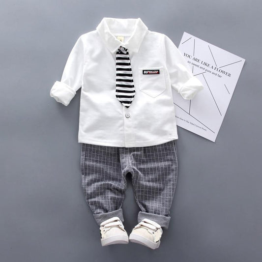 Newborn baby formal outfit Stevvex: white shirt with striped tie gray plaid pants sneakers on Tampa Home & Garden Store