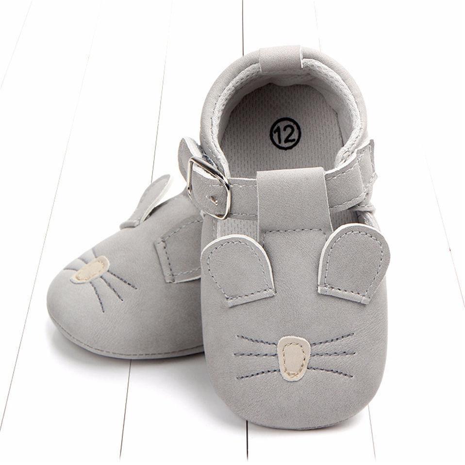 Stevvex grey bunny-cat baby shoes with buckle strap for first walkers, soft suede pair on Tampa Home & Garden Store