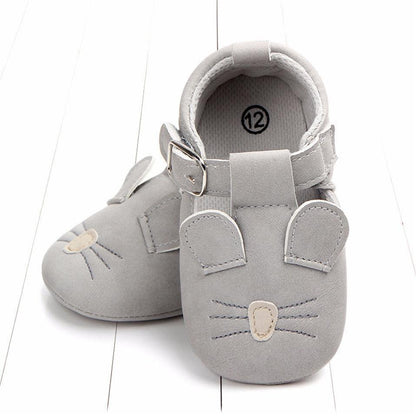 Stevvex grey bunny-cat baby shoes with buckle strap for first walkers, soft suede pair on Tampa Home & Garden Store