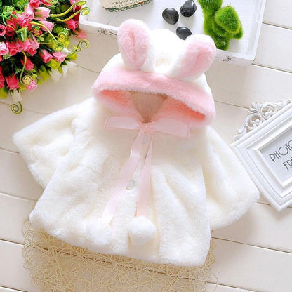 Baby toddler fleece coat with bunny-ear pink hood, white plush, Stevvex on Tampa Home & Garden Store