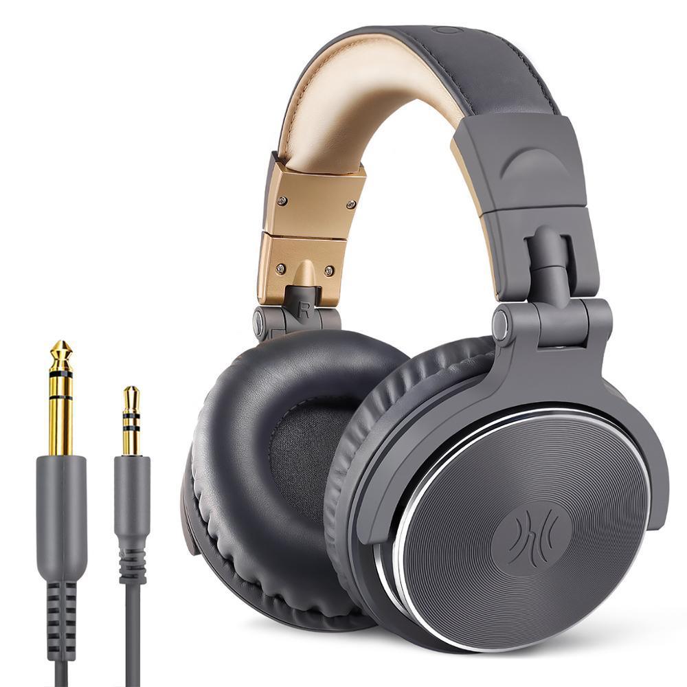 Stevvex over-ear studio headphones in grey with gold earcups; includes 3.5mm and 6.3mm adapters on Tampa Home & Garden Store