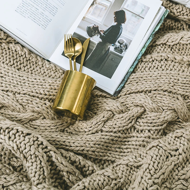 DecorBites Khaki Beige Chunky Knit Wool Blanket with gold utensil holder on Tampa Home & Garden Store