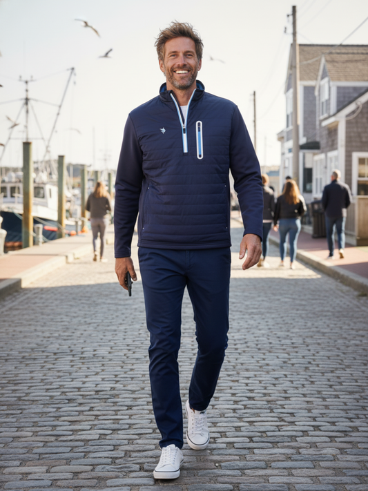 Hampton Pullover Quarter Zip navy quilted outerwear by White Water Life with vertical chest zip pocket on Tampa Home & Garden Store