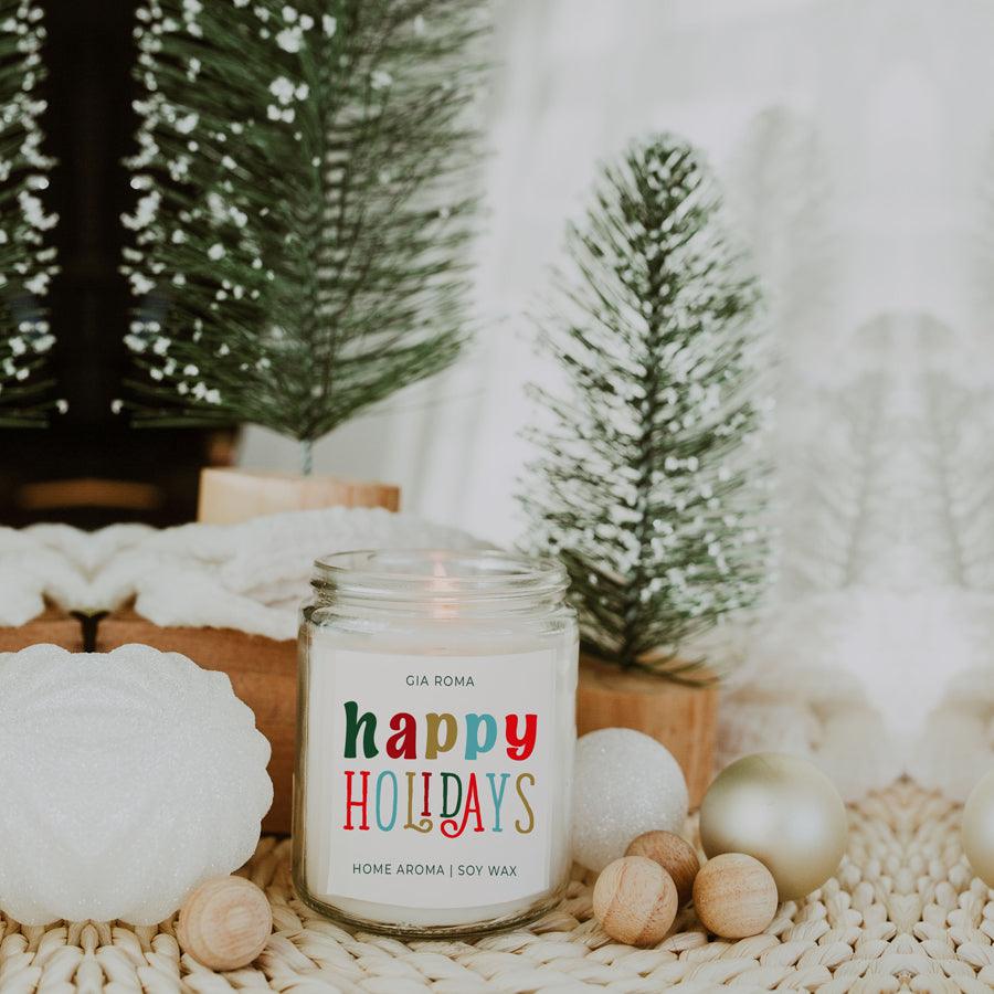 Candle Happy Holidays by Gia Roma in a clear glass jar with soy wax on Tampa Home & Garden Store