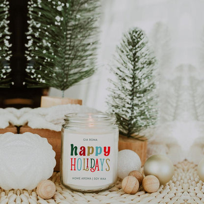 Candle Happy Holidays by Gia Roma in a clear glass jar with soy wax on Tampa Home & Garden Store