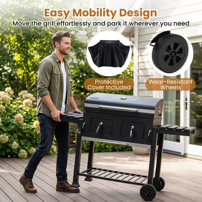 Charcoal Grill with Lifting Trays and Side Tables