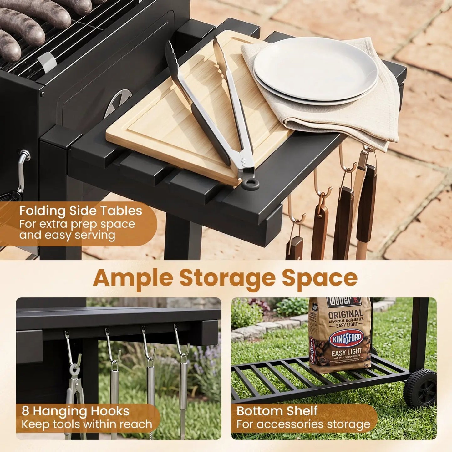 Charcoal Grill with Lifting Trays and Side Tables