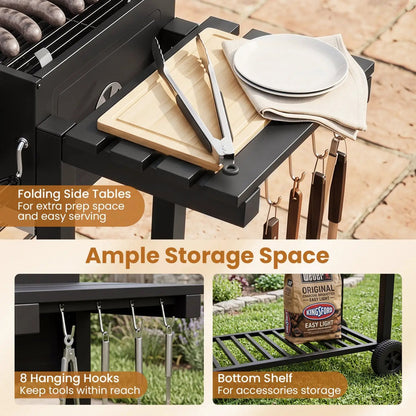 Charcoal Grill with Lifting Trays and Side Tables
