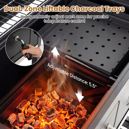Charcoal Grill with Lifting Trays and Side Tables