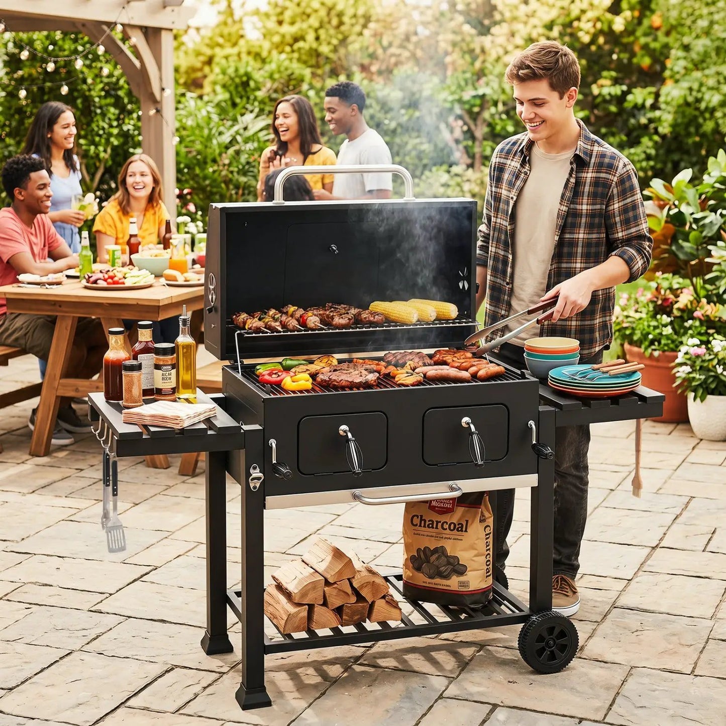 Charcoal Grill with Lifting Trays and Side Tables