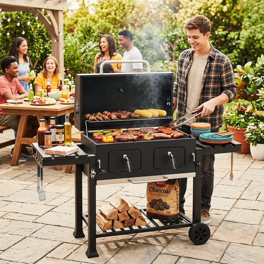 Charcoal Grill DirectDeals with lifting trays and folding side tables, black steel outdoor on Tampa Home & Garden Store