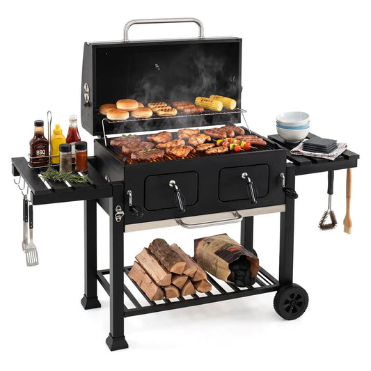 Charcoal grill DirectDeals with lifting trays and folding side tables, black metal on Tampa Home & Garden Store