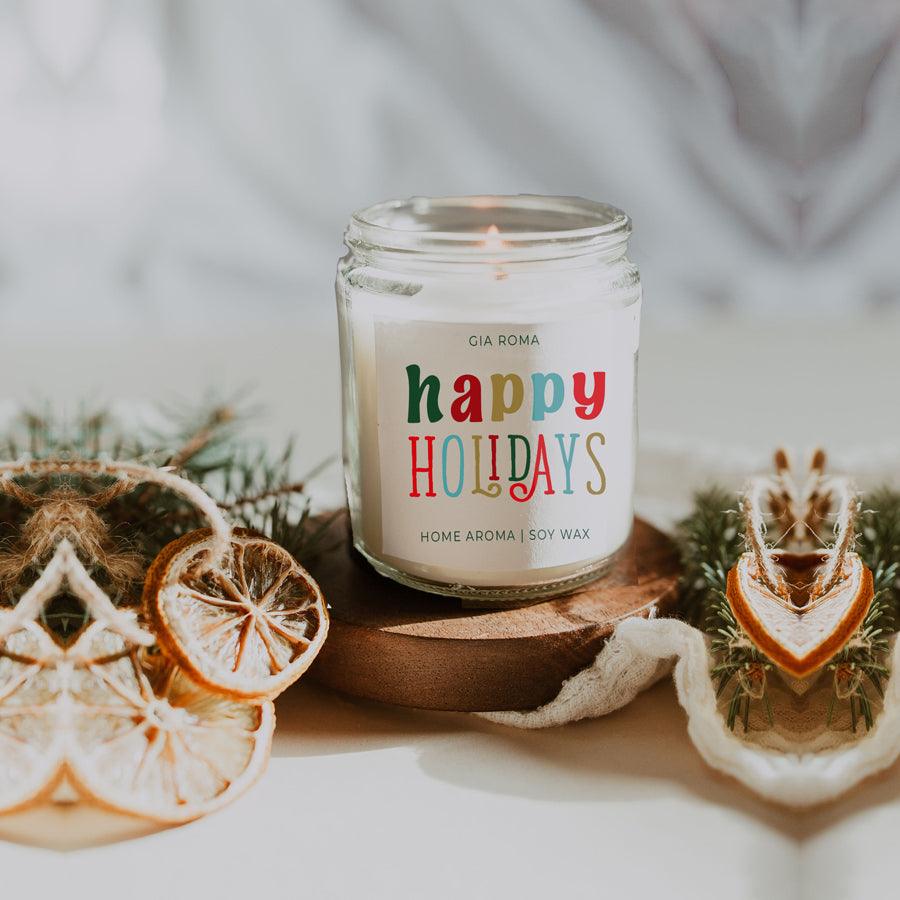 Happy Holidays candle by Gia Roma, soy wax in a clear glass jar on Tampa Home & Garden Store