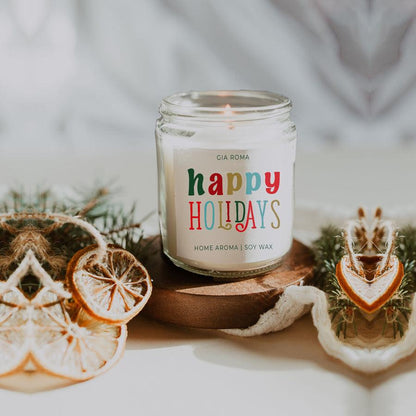 Happy Holidays candle by Gia Roma, soy wax in a clear glass jar on Tampa Home & Garden Store