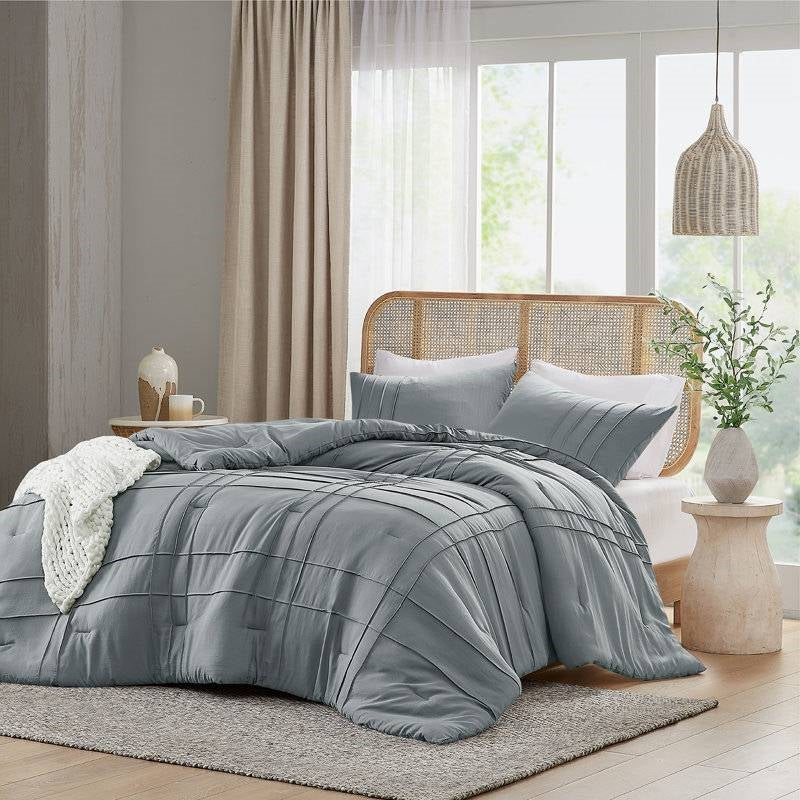 Juego de edredón de microfibra plisado prelavado Twin/Twin XL en gris azulado