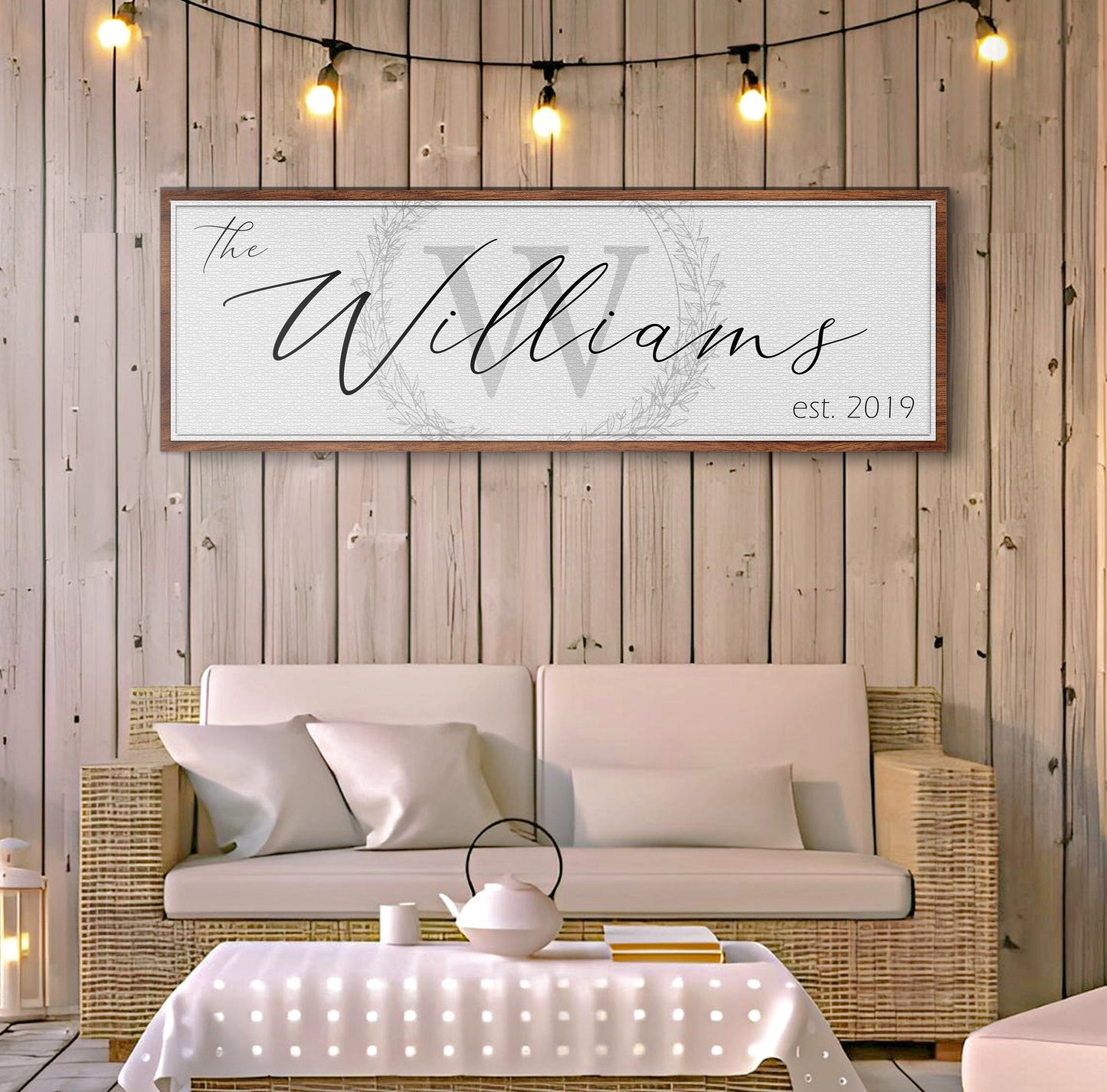 Family Sign canvas with white textured backdrop, large script Williams, wooden frame on Tampa Home & Garden Store