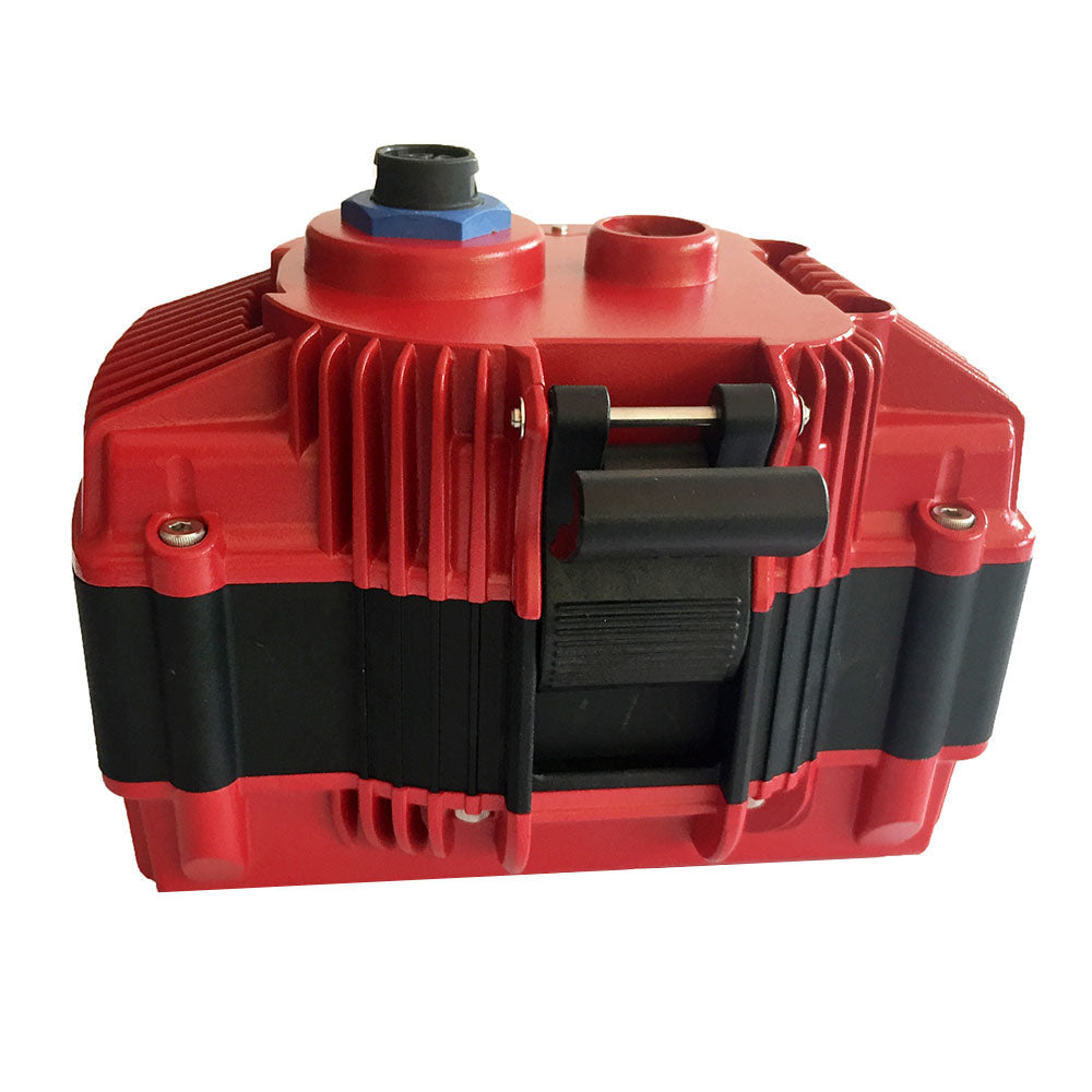 Hull cleaner battery 18V 10Ah underwater tool battery, red with black grip strap and blue cap on Tampa Home & Garden Store