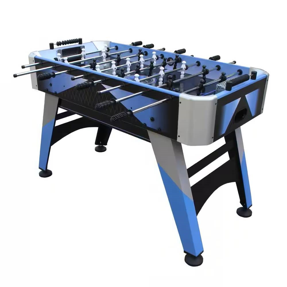 Mesa de futbolín azul, gris y negro de 1.2 m con marcadores de ábaco y 2 pelotas