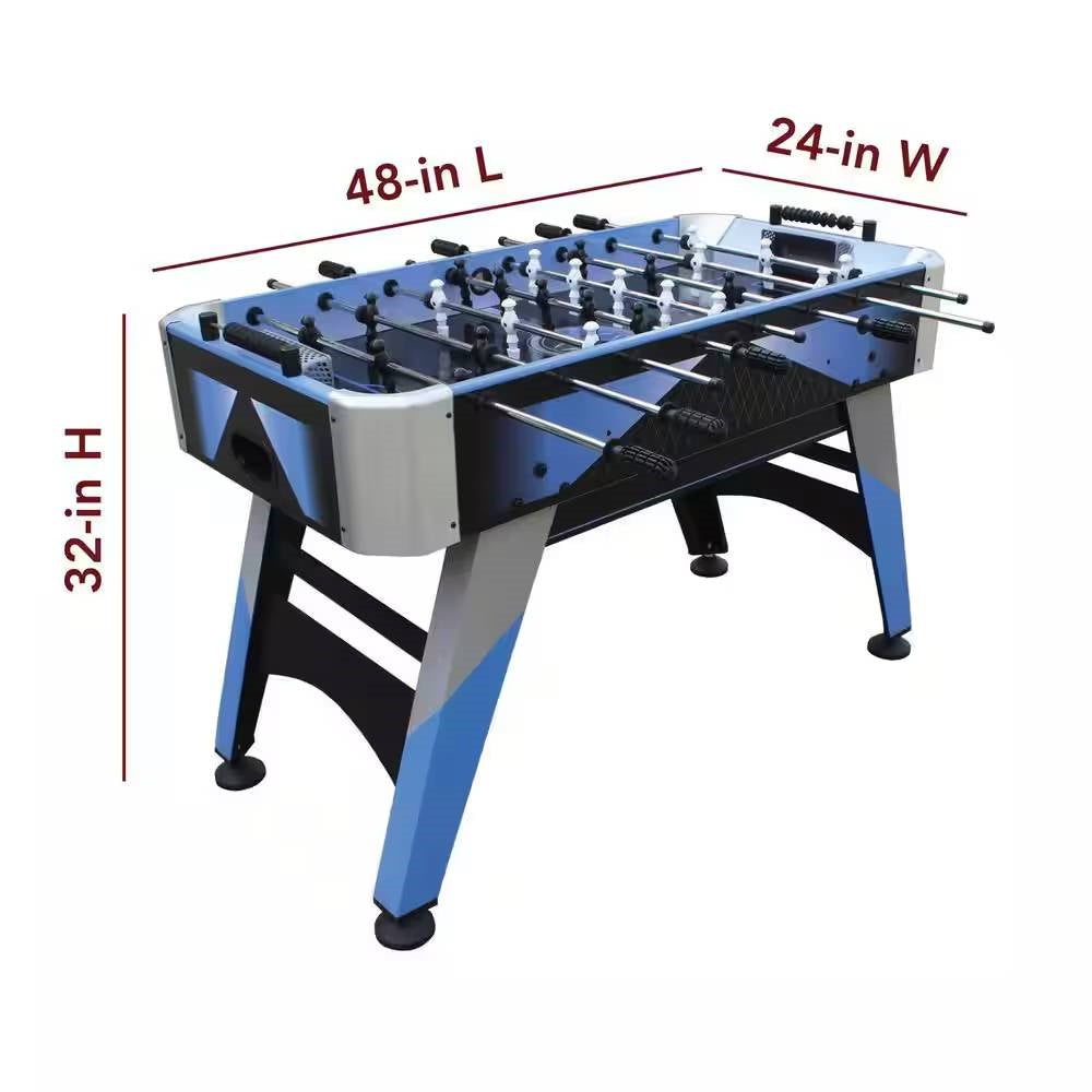 Mesa de futbolín azul, gris y negro de 1.2 m con marcadores de ábaco y 2 pelotas
