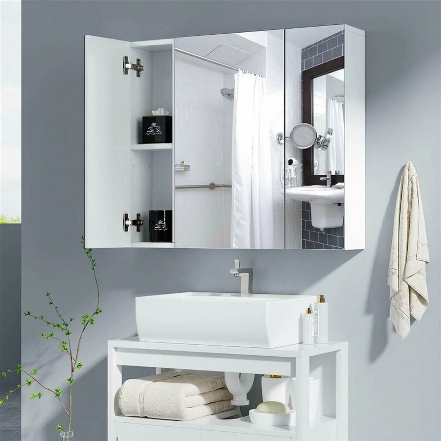Moderno botiquín de baño con espejo de 3 puertas y montaje en pared