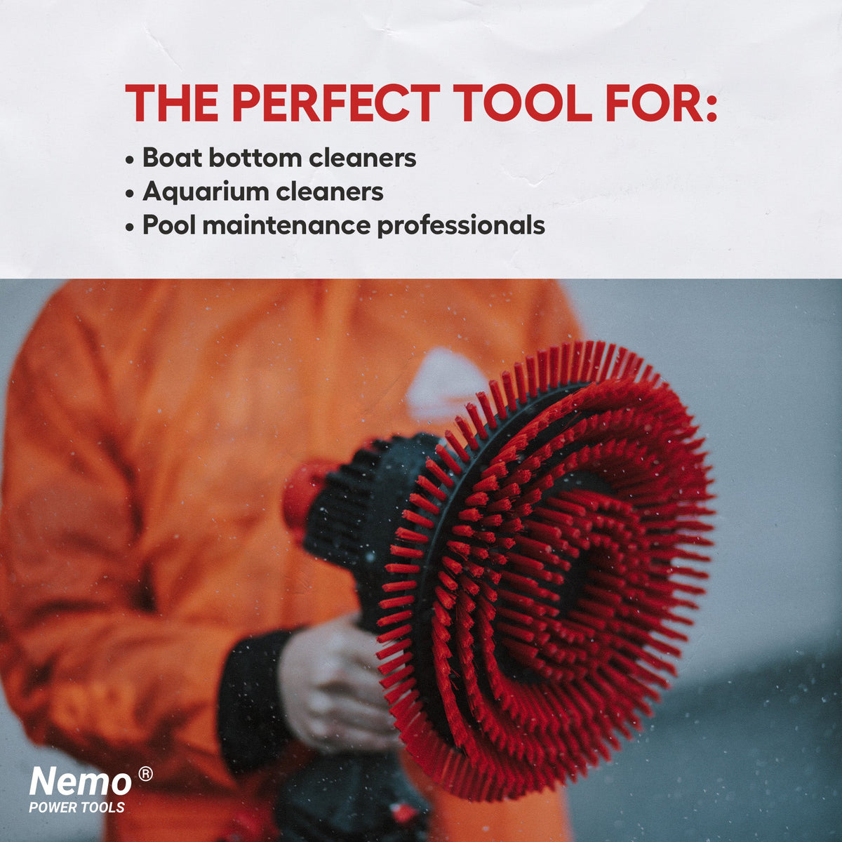 Nemo Hull Cleaner Electric Brush, red circular bristle head, underwater power tool on Tampa Home & Garden Store