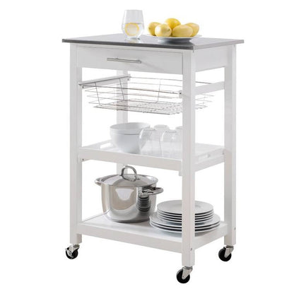 Carrito de cocina de acero inoxidable blanco con cajón y estantes de almacenamiento