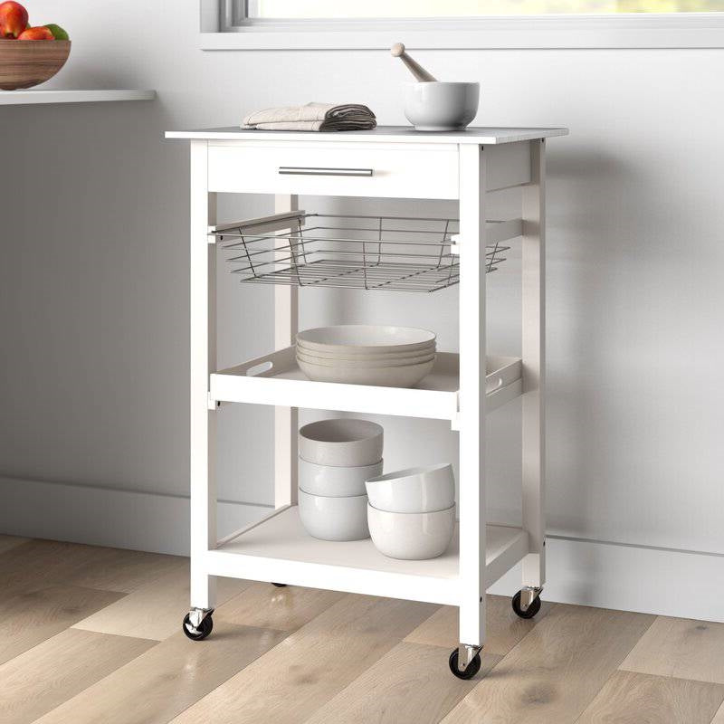 Carrito de cocina de acero inoxidable blanco con cajón y estantes de almacenamiento