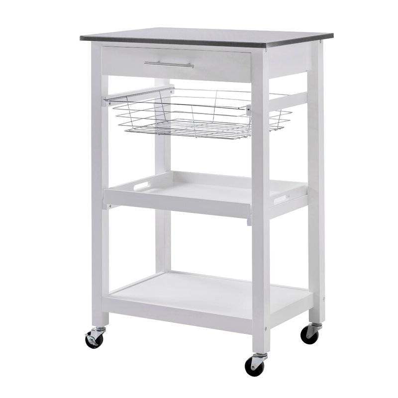 Carrito de cocina de acero inoxidable blanco con cajón y estantes de almacenamiento