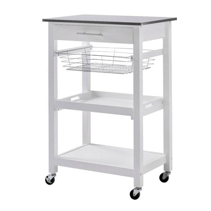Carrito de cocina de acero inoxidable blanco con cajón y estantes de almacenamiento