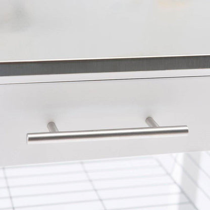 Carrito de cocina de acero inoxidable blanco con cajón y estantes de almacenamiento