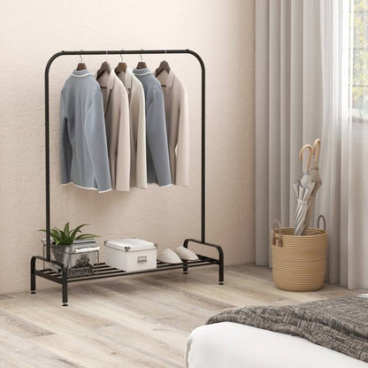 Perchero metálico de alta resistencia para ropa con barra para colgar y estante de almacenamiento inferior