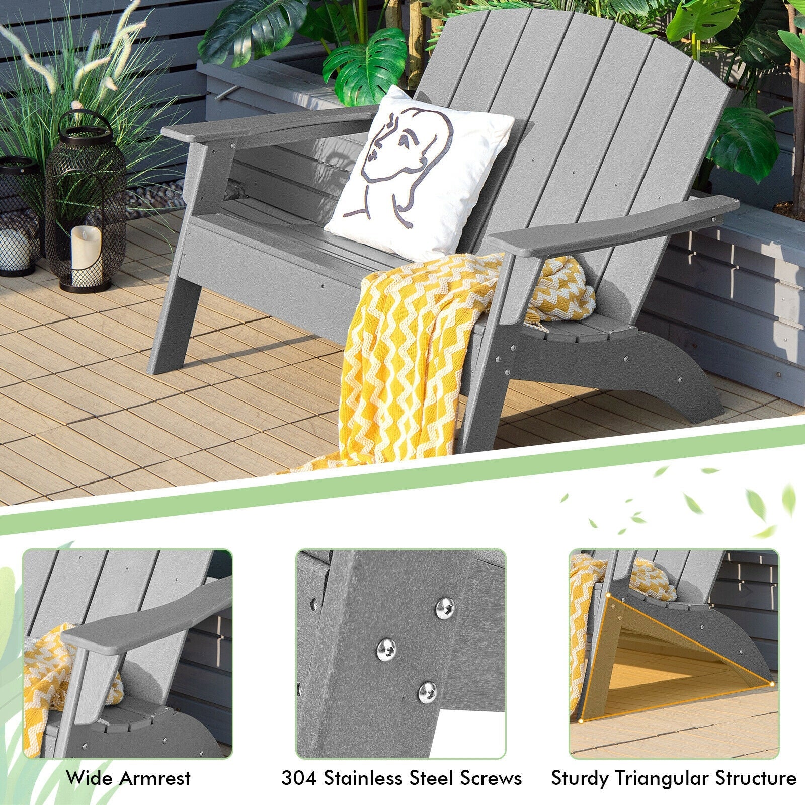 HDPE Patio Adirondack Chair for Porch Garden Backyard-Gray - Tampa Home & Garden Store