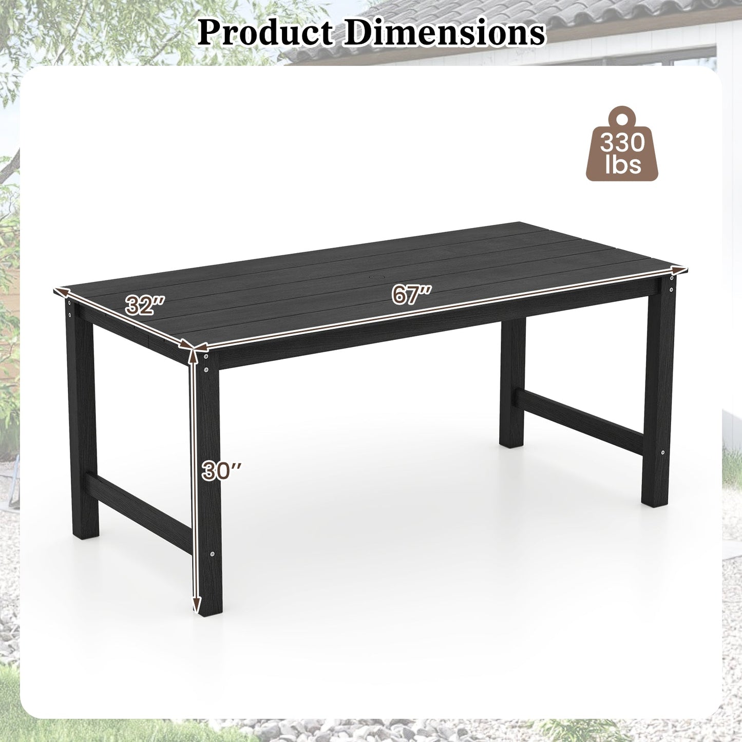 HDPE Outdoor Dining Table for 6 Person with Wood-Like Tabletop and Umbrella Hole
