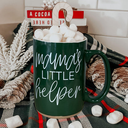 Mama's Little Helper mug by Gia Roma, green ceramic, marshmallows and candy cane on display on Tampa Home & Garden Store