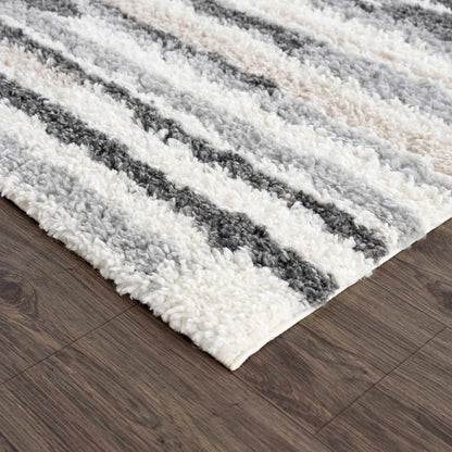 Zoya irregular striped area rug in cream, gray, and beige plush shag by Boutique Rugs on Tampa Home & Garden Store
