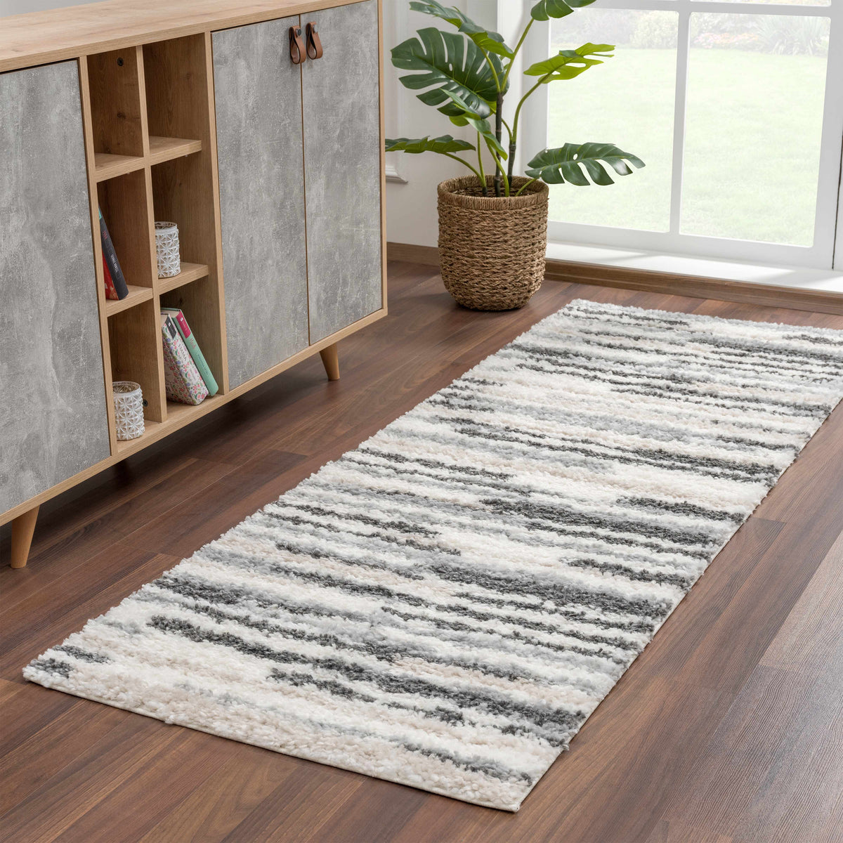 Zoya Irregular Striped Area Rug white gray shag texture Boutique Rugs on Tampa Home & Garden Store