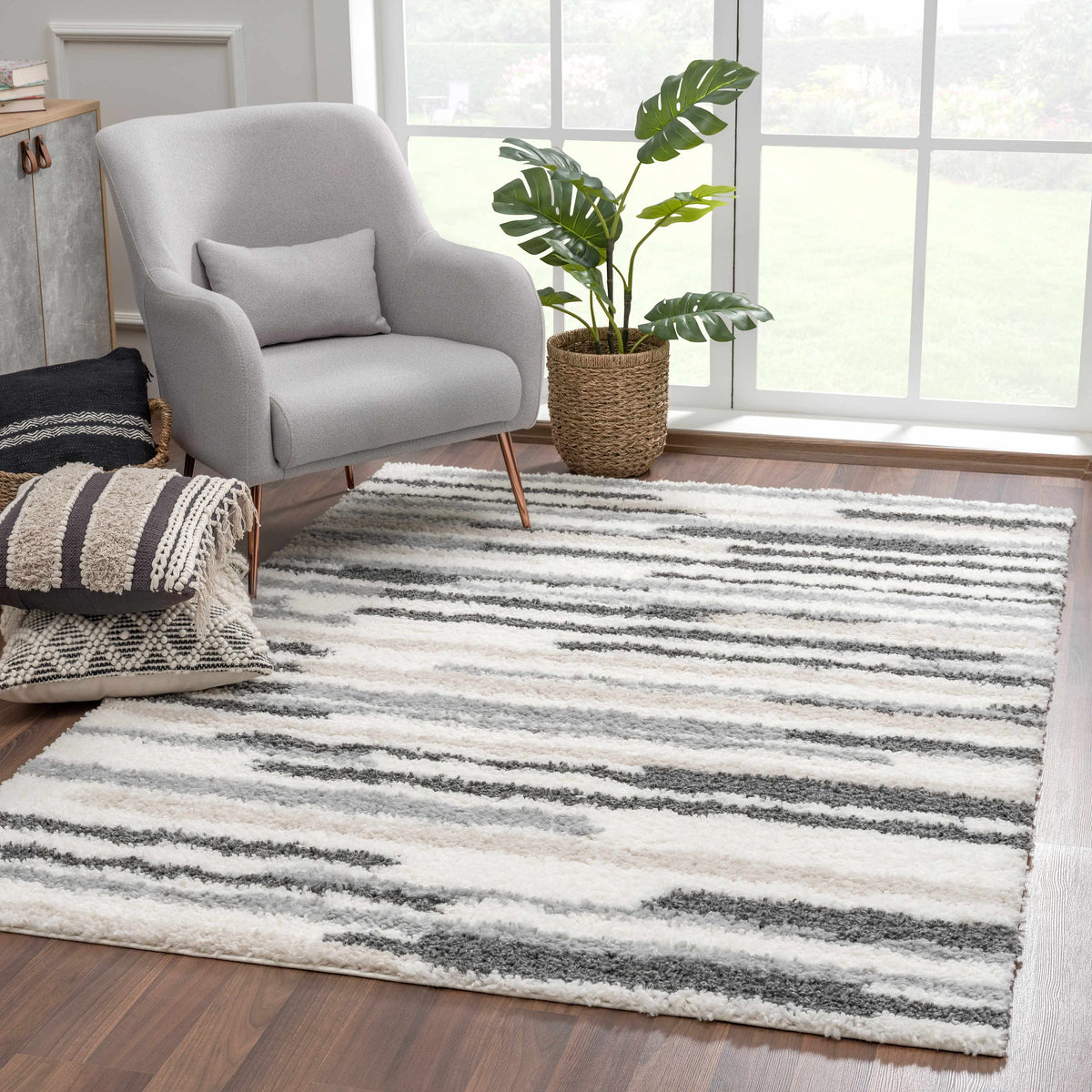 Zoya irregular striped area rug, gray/white, Boutique Rugs, plush shag on Tampa Home & Garden Store
