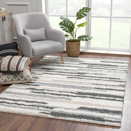Zoya irregular striped area rug, gray/white, Boutique Rugs, plush shag on Tampa Home & Garden Store