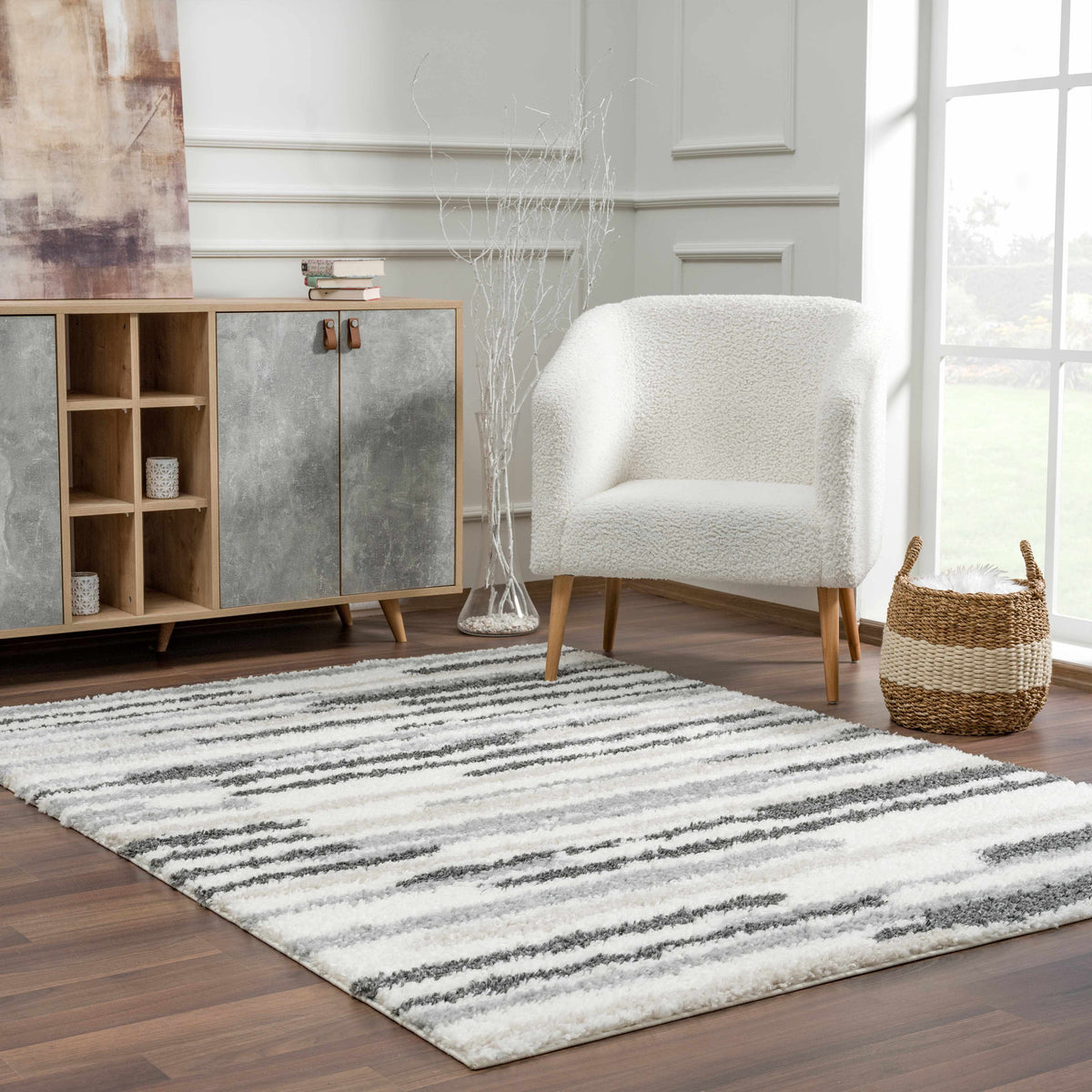 Area rug Zoya irregular striped, white and charcoal, Boutique Rugs, plush shag on Tampa Home & Garden Store