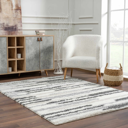 Area rug Zoya irregular striped, white and charcoal, Boutique Rugs, plush shag on Tampa Home & Garden Store